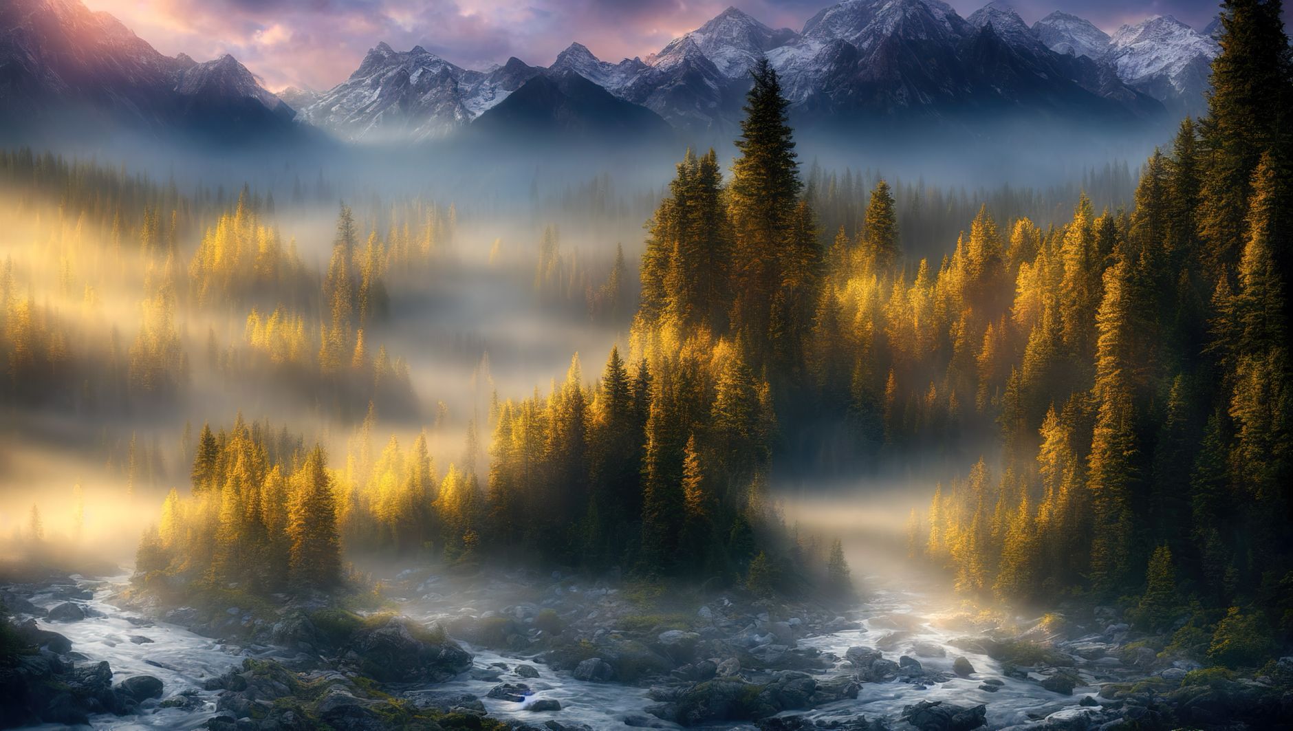 A river winding through a foggy forested valley at sunrise